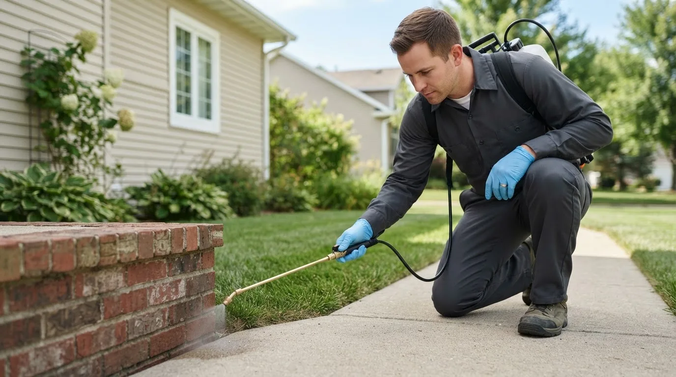 Pest control technician treating a home near Huntington, IN